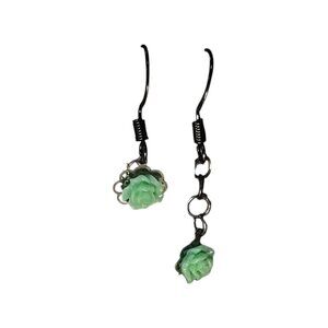 NEW Handmade/Homemade Pastel Green Rose Black Metal Drop Hanging Earrings Uneven